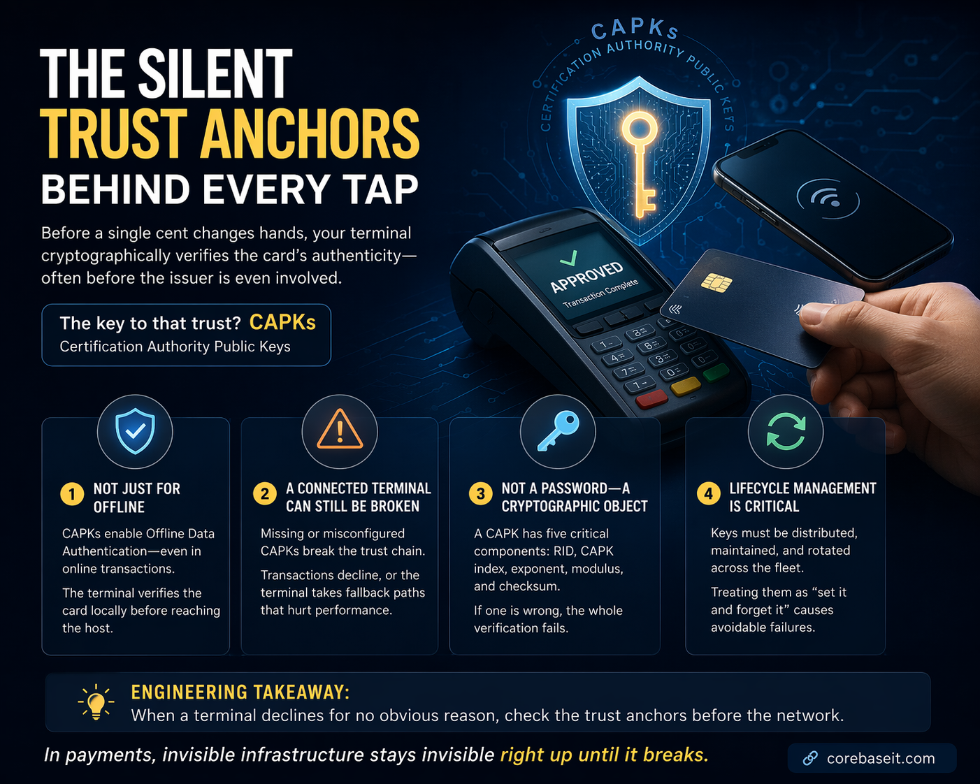 CAPKs — the silent trust anchors behind every tap: not just for offline, a connected terminal can still be broken, not a password but a cryptographic object, lifecycle management is critical